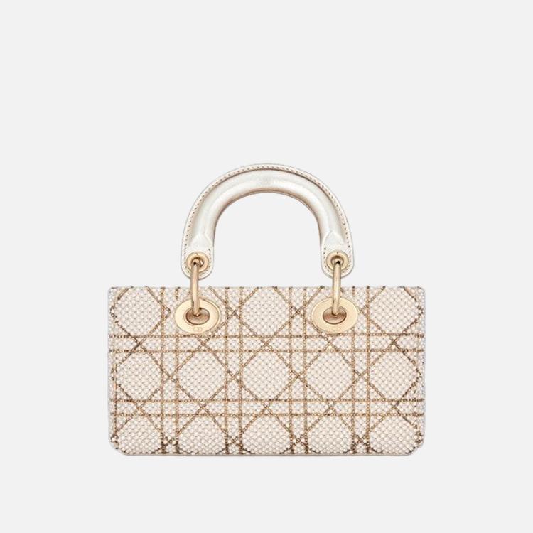 디올 LADY D-JOY 골드 톤 메탈릭 양가죽 & 비즈 자수 마이크로 백