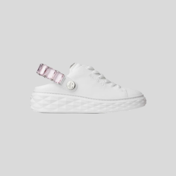 지미추 크리스털 스트랩 디테일 화이트핑크 나파 가죽 슬리퍼 스니커즈