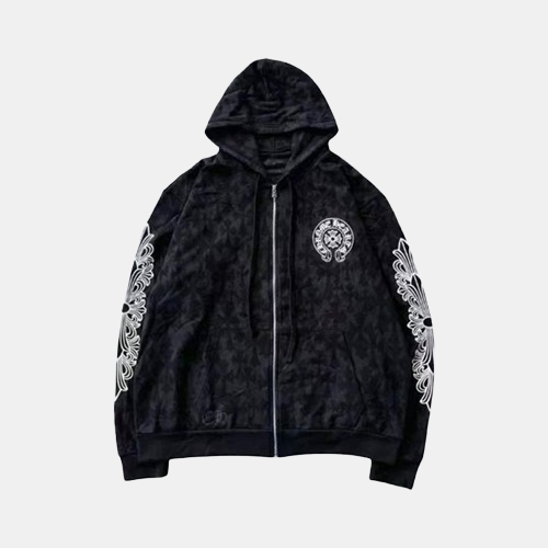 크롬하츠 블랙 토널 모노그램 스크롬 말굽 로고 집업 후디